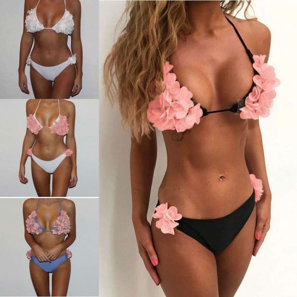 the bikini swimsuit beach three dimensional flower neck two piece bikini, White;black
the bikini swimsuit beach three dimensional flower neck two piece bikini, White;black