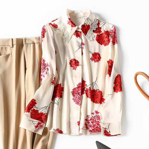 women's blouses & shirts spring long sleeve lapel neck floral print 19mm natural silk lace panelled single-breasted soie blouse elegant, White
women's blouses & shirts spring long sleeve lapel neck floral print 19mm natural silk lace panelled single-breasted soie blouse elegant, White