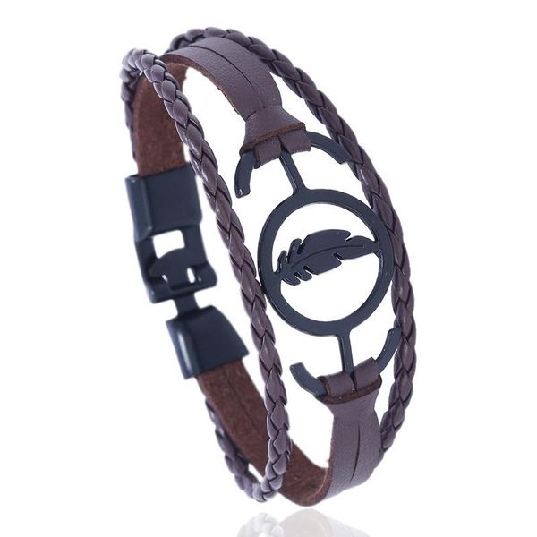 cuff handmade leather bracelet in black and brown color with feather metal charm fashion jewelry men's, White
cuff handmade leather bracelet in black and brown color with feather metal charm fashion jewelry men's, White