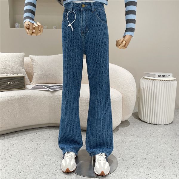 female spring niche fashion design high waist loose ground pants and thin leg drop down texture jeans, Blue
female spring niche fashion design high waist loose ground pants and thin leg drop down texture jeans, Blue