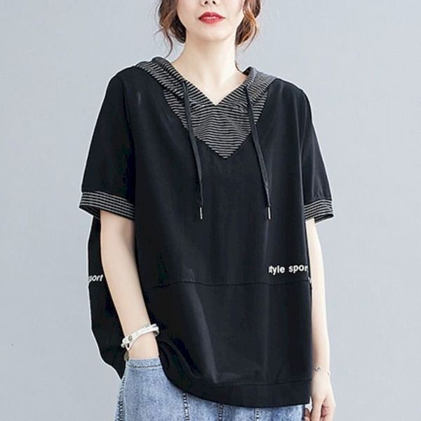 women's hoodies & sweatshirts womens short-sleeved plus size korean loose t-shirt literary striped drawstring hooded stitching pri, Black
women's hoodies & sweatshirts womens short-sleeved plus size korean loose t-shirt literary striped drawstring hooded stitching pri, Black