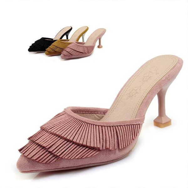 pointed toe shoes low woman's slippers med slides fretwork heels 2021 cover thin rubber rome fabric basic pu hoof female, Black 
pointed toe shoes low woman's slippers med slides fretwork heels 2021 cover thin rubber rome fabric basic pu hoof female, Black