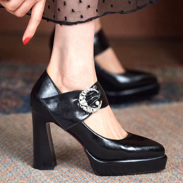 sandals elegant brand female buckle block heels pointed toe office shoes platform spring women stylish pumps, Black 
sandals elegant brand female buckle block heels pointed toe office shoes platform spring women stylish pumps, Black