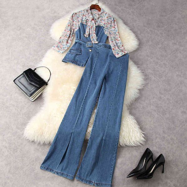 women's two piece pants spring 3/4 sleeve round neck floral denim ribbon tie bow + high waist flare trousers jeans suits 2 s set lm0311, White
women's two piece pants spring 3/4 sleeve round neck floral denim ribbon tie bow + high waist flare trousers jeans suits 2 s set lm0311, White