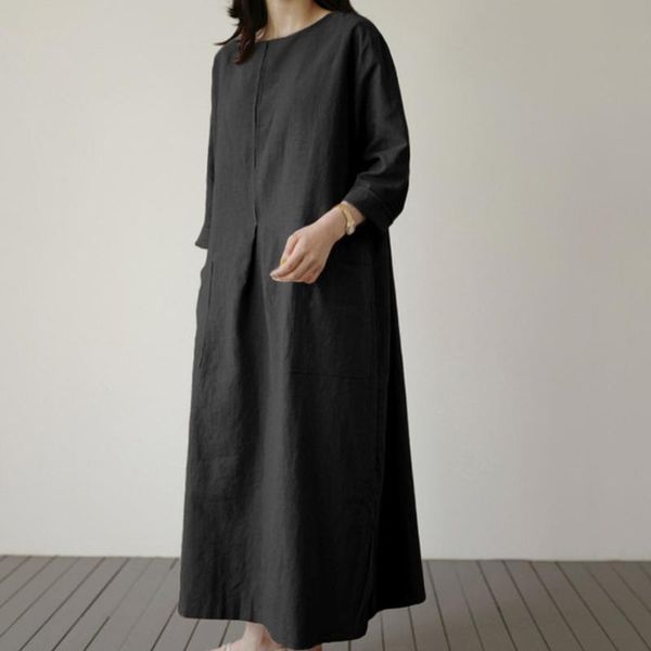 women's swimwear 2021 casual breathable beach dresses plus size fashion solid cotton linen long sleeve o neck swing dress, White;black 
women's swimwear 2021 casual breathable beach dresses plus size fashion solid cotton linen long sleeve o neck swing dress, White;black