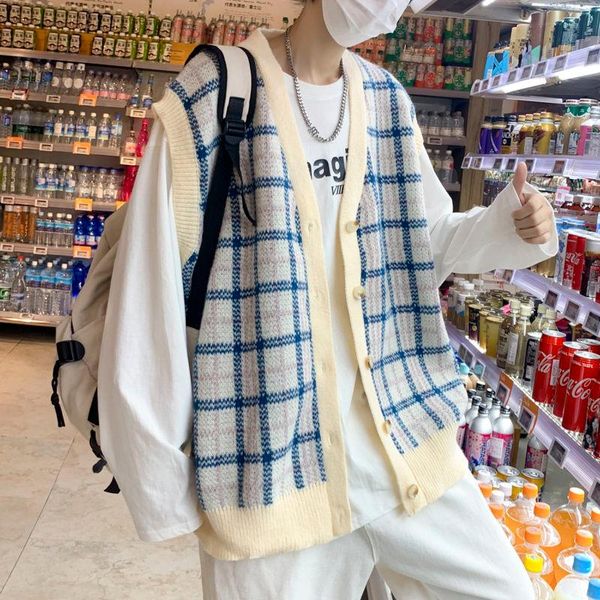 men's vests v-neck knitted cardigan plaid single-breasted sleeveless vest sweater jacket spring autumn thin clothes trendy loose top, Black;white
men's vests v-neck knitted cardigan plaid single-breasted sleeveless vest sweater jacket spring autumn thin clothes trendy loose top, Black;white