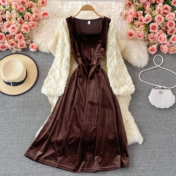 casual dresses fall 2021 mid-length waist-tight retro puff sleeve chiffon stitching temperament square collar velvet dress, Black;gray
casual dresses fall 2021 mid-length waist-tight retro puff sleeve chiffon stitching temperament square collar velvet dress, Black;gray