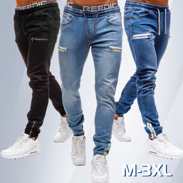 men's jeans fashion washed denim trousers mid-waist drawstring slim-fit jogging pants, Blue
men's jeans fashion washed denim trousers mid-waist drawstring slim-fit jogging pants, Blue