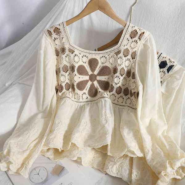 sweaters women hollow out embroidered blouse spring summer blue/brown short elegant square collar long sleeve patchwork shirts, White;black
sweaters women hollow out embroidered blouse spring summer blue/brown short elegant square collar long sleeve patchwork shirts, White;black