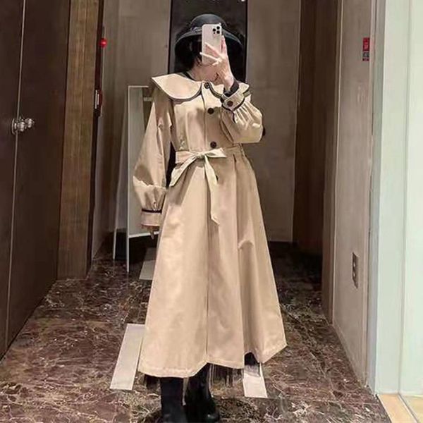 women's trench coats 2021 autumn and winter collar college style color matching tie waist temperament long women coat, Tan;black
women's trench coats 2021 autumn and winter collar college style color matching tie waist temperament long women coat, Tan;black