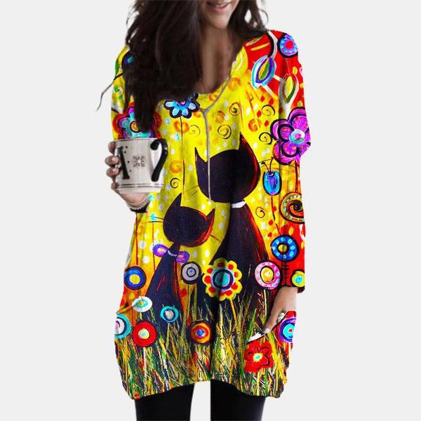 cat print dress for women o neck pocket t shirt long sleeve mini loose party dresses fashion woman casual, Black;gray 
cat print dress for women o neck pocket t shirt long sleeve mini loose party dresses fashion woman casual, Black;gray