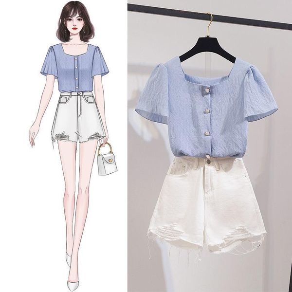 women 2021 summer short sleeve shirts shorts two piece sets female square collar blouse + denim suits fashion set r136 women's tracksui, Gray
women 2021 summer short sleeve shirts shorts two piece sets female square collar blouse + denim suits fashion set r136 women's tracksui, Gray