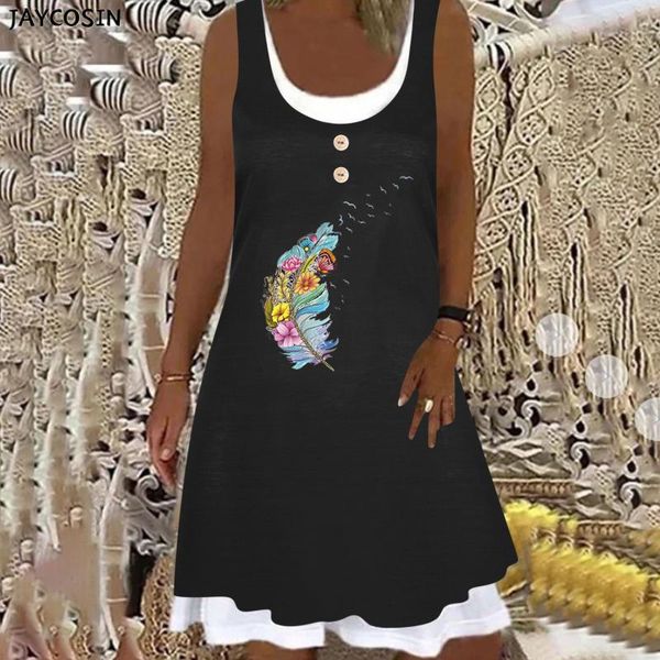 casual dresses ladies feather pattern dress 2021 summer fake two-piece button decoration sleeveless knee-length fashion, Black;gray
casual dresses ladies feather pattern dress 2021 summer fake two-piece button decoration sleeveless knee-length fashion, Black;gray