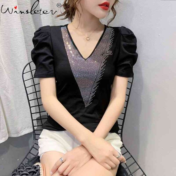 women's t-shirt summer korean style solid fashion v-neck shiny diamonds women ropa mujer casual cotton puff sleeve tees t0811, White
women's t-shirt summer korean style solid fashion v-neck shiny diamonds women ropa mujer casual cotton puff sleeve tees t0811, White