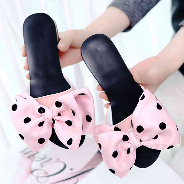

women slippers fashion bowknot dign elegant casual flat sho 2021 pink bowtie open toe low heel ladi party flip flop, Black