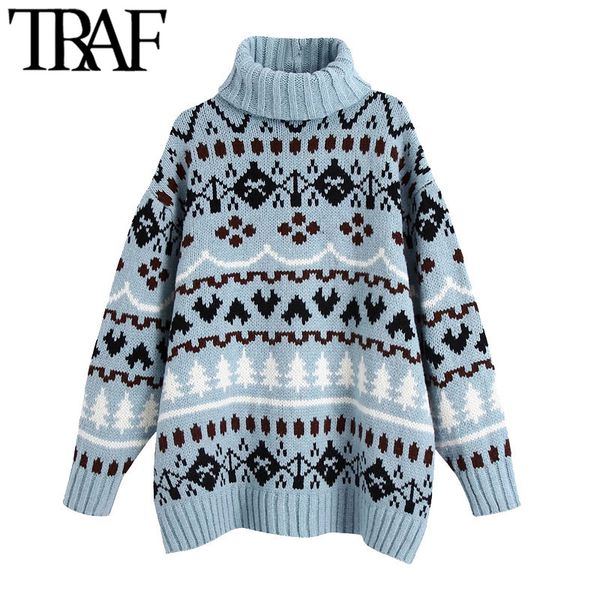 traf women fashion oversized jacquard knitted sweater vintage high neck long sleeve female pullovers chic 210415, White;black
traf women fashion oversized jacquard knitted sweater vintage high neck long sleeve female pullovers chic 210415, White;black