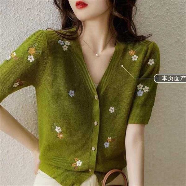 summer women knitted cardigan vintage knit flower short sleeve green sweater 210531, White;black
summer women knitted cardigan vintage knit flower short sleeve green sweater 210531, White;black