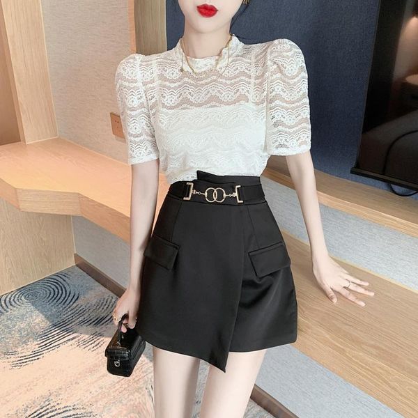 women's tracksuits office shorts two piece set summer women temperament short sleeve lace shirt blouse + high waist slim skirt suits, Gray
women's tracksuits office shorts two piece set summer women temperament short sleeve lace shirt blouse + high waist slim skirt suits, Gray