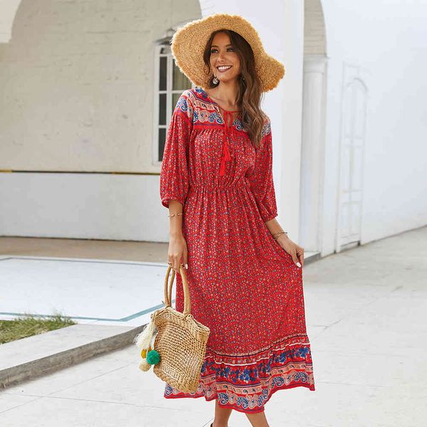 new three quarter sleeve bohemian print dress women drawstring v neck cotton slim spring summer long floral dress office lady 210413, Black;gray
new three quarter sleeve bohemian print dress women drawstring v neck cotton slim spring summer long floral dress office lady 210413, Black;gray