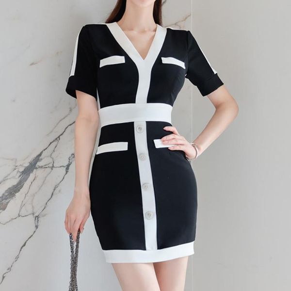 casual dresses classy black white patchwork one piece slim fit dress short sleeve summer office lady robe vestido, Black;gray
casual dresses classy black white patchwork one piece slim fit dress short sleeve summer office lady robe vestido, Black;gray