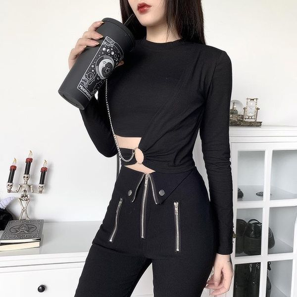women's t-shirt punk female ring iron chain long sleeve slim tees gothic streetwear dark black for, White
women's t-shirt punk female ring iron chain long sleeve slim tees gothic streetwear dark black for, White