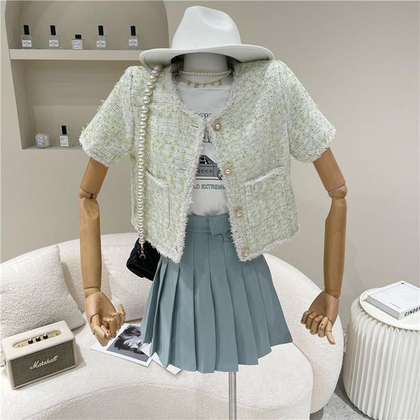 women's spring summer 2021 fashion niche design short sleeve round neck single breasted cardigan tweed jacket jackets, Black;brown
women's spring summer 2021 fashion niche design short sleeve round neck single breasted cardigan tweed jacket jackets, Black;brown