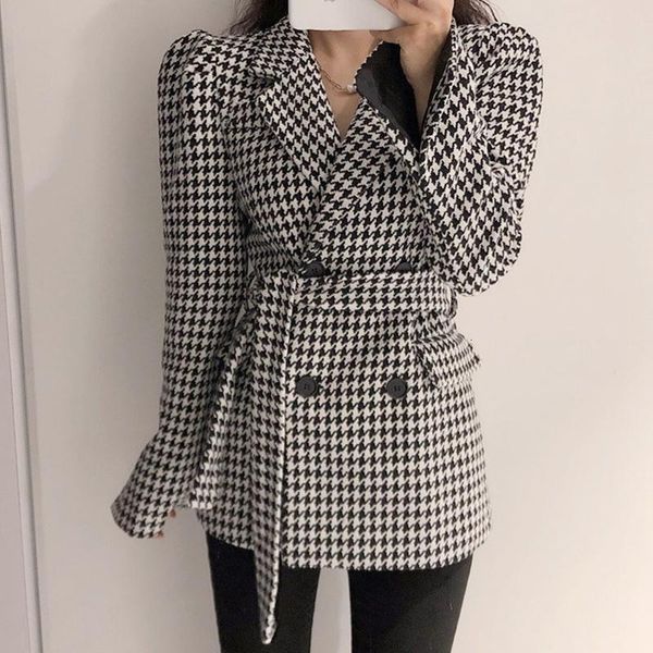 women's suits & blazers vgh plaid blazer for women notched long sleeves double breasted high waist with belt slim coat female autumn fa, White;black
women's suits & blazers vgh plaid blazer for women notched long sleeves double breasted high waist with belt slim coat female autumn fa, White;black