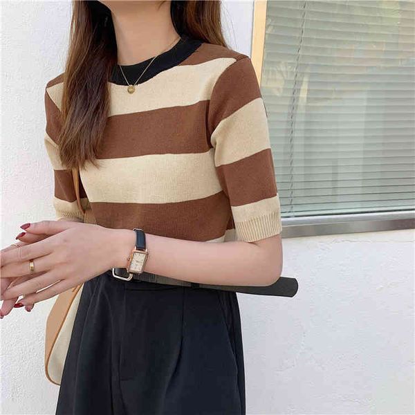 korean style slim ice silk knit sweater summer color matching striped short-sleeved t-shirt women 210512, White
korean style slim ice silk knit sweater summer color matching striped short-sleeved t-shirt women 210512, White