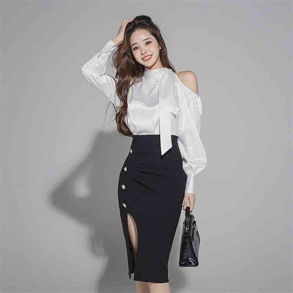 strapless silk 2 piece suit korea fashion ladies white irregular and black midi bodycon skirt for women office set 210602
strapless silk 2 piece suit korea fashion ladies white irregular and black midi bodycon skirt for women office set 210602