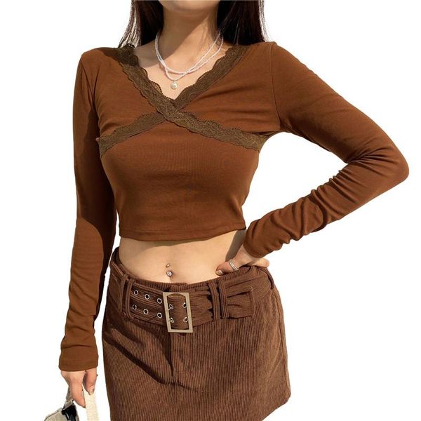 women's t-shirt lace patchwork crop women solid color v-neck cotton tshirts long sleeves skinny cropped woman base shirt, White
women's t-shirt lace patchwork crop women solid color v-neck cotton tshirts long sleeves skinny cropped woman base shirt, White