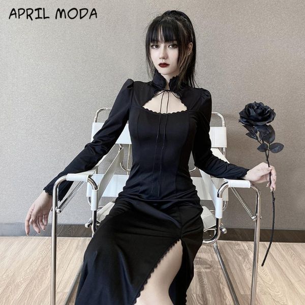 dark vintage style puff sleeve dress autumn winter long section is thin solid color split lace cheongsam ladies casual dresses, Black;gray
dark vintage style puff sleeve dress autumn winter long section is thin solid color split lace cheongsam ladies casual dresses, Black;gray