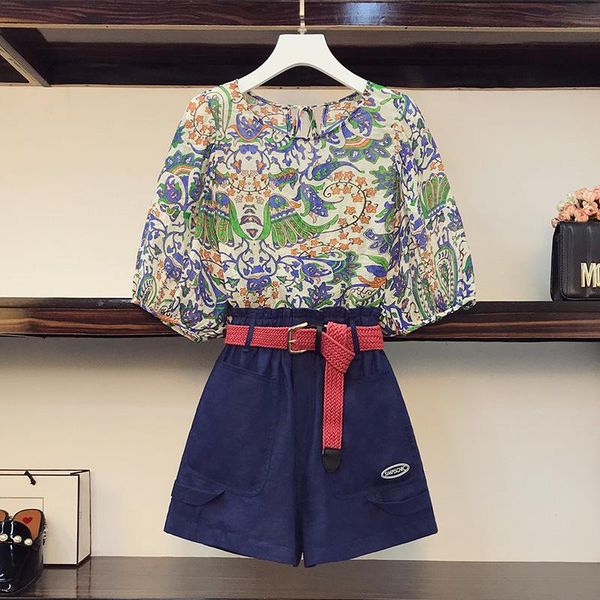 plus size tracksuits summer style women slimming western short sleeve print blouse wide leg shorts two piece suits with sashes, Black
plus size tracksuits summer style women slimming western short sleeve print blouse wide leg shorts two piece suits with sashes, Black