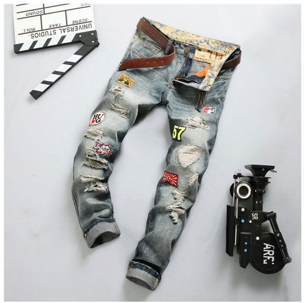 

men's jeans burst section bae men do old hole ripped straight slim fit cargo trousers fashion biker male 78vz, Blue