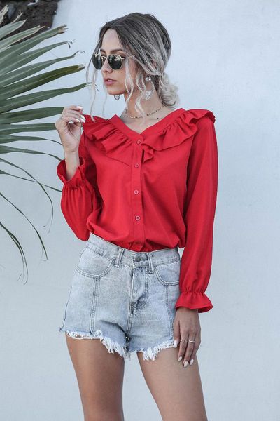 women vintage ruffles chiffon blouse solid v-neck flare sleeve office lady blusas elegant single-breasted pluse sizes women's blous, White 
women vintage ruffles chiffon blouse solid v-neck flare sleeve office lady blusas elegant single-breasted pluse sizes women's blous, White