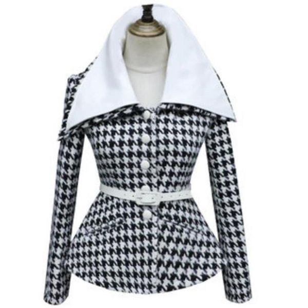 women's wool & blends arrival winter vintage skirt style short houndstooth coat women slim waist plaid outwear, Black
women's wool & blends arrival winter vintage skirt style short houndstooth coat women slim waist plaid outwear, Black
