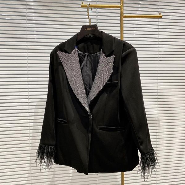 women's suits & blazers 2021 spring autumn black women blazer rhinestone collar fur cuff long sleeve suit coat fashion office lady loos, White;black
women's suits & blazers 2021 spring autumn black women blazer rhinestone collar fur cuff long sleeve suit coat fashion office lady loos, White;black