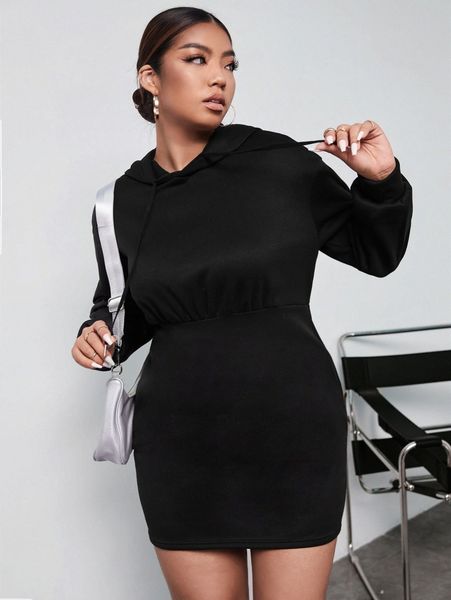 plus solid hoodie dress d8ke#, Black