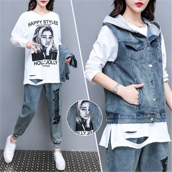 women's two piece pants 4xl plus size denim ladies suit spring autumn hooded jacket printed t-shirt wide-leg jeans three-piece clothing, White
women's two piece pants 4xl plus size denim ladies suit spring autumn hooded jacket printed t-shirt wide-leg jeans three-piece clothing, White
