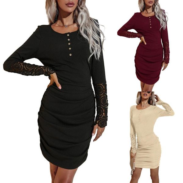 casual dresses autumn women party dress ruched sheath slim solid color round neck lace sleeve female office clothing, Black;gray
casual dresses autumn women party dress ruched sheath slim solid color round neck lace sleeve female office clothing, Black;gray