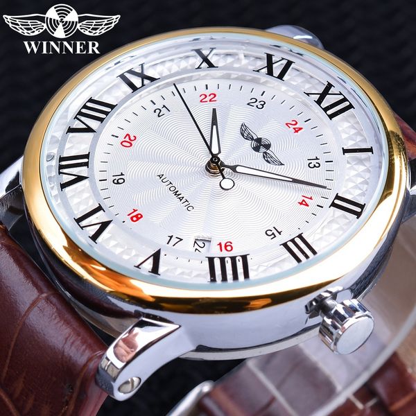 winner 2019 fashion white golden clock date display brown leather belt mechanical automatic watches for men brand luxury, Silver 
winner 2019 fashion white golden clock date display brown leather belt mechanical automatic watches for men brand luxury, Silver