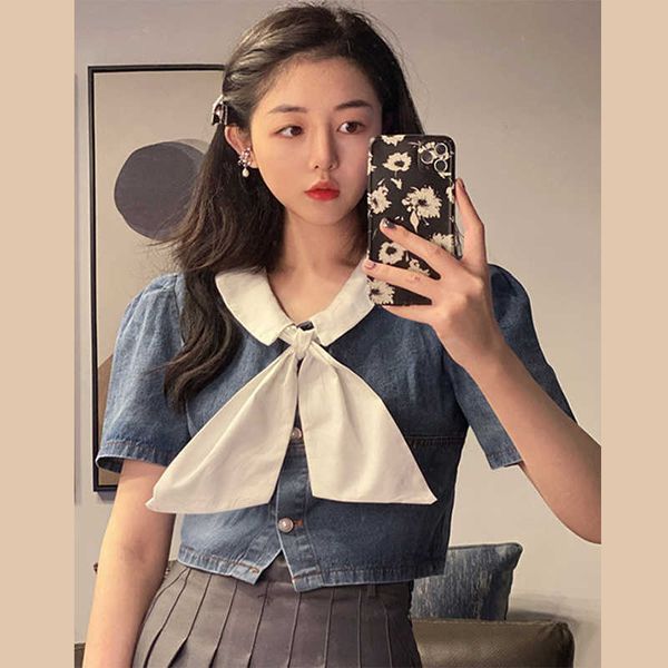 summer retro contrast short sleeve bow denim t shirts women short slim thin single-breasted crop fashion jeans 210610, White
summer retro contrast short sleeve bow denim t shirts women short slim thin single-breasted crop fashion jeans 210610, White