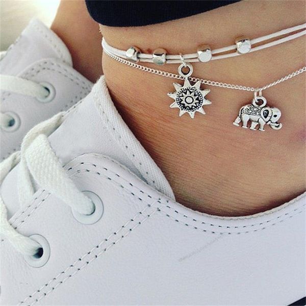 anklets 2 pcs/set retro elephant sun pendant leather rope bead chain silver color female party gift jewelry women anklet set, Red;blue
anklets 2 pcs/set retro elephant sun pendant leather rope bead chain silver color female party gift jewelry women anklet set, Red;blue