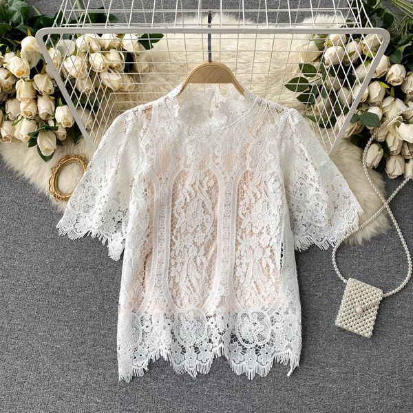 women hollow out lace temperament slim shirt solid color short sleeve stand collar fashion spring summer 11b752 210525, White
women hollow out lace temperament slim shirt solid color short sleeve stand collar fashion spring summer 11b752 210525, White
