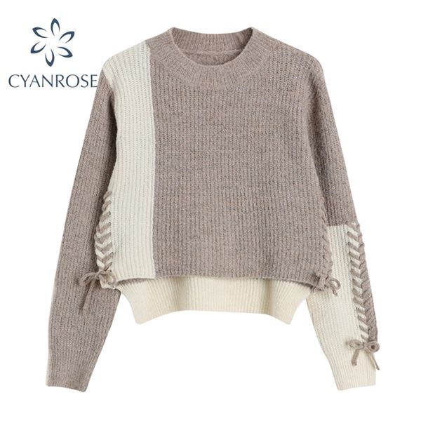 spring korean sweater women vintage long sleeve cropped spliced lace up design knitwear female loose pullover knitted 210430, White;black
spring korean sweater women vintage long sleeve cropped spliced lace up design knitwear female loose pullover knitted 210430, White;black