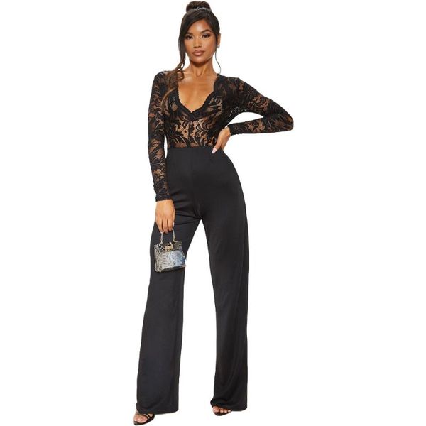 women's jumpsuits & rompers 2021 lace patchwork jumpsuit women long sleeve elegant slim wide leg, Black;white
women's jumpsuits & rompers 2021 lace patchwork jumpsuit women long sleeve elegant slim wide leg, Black;white