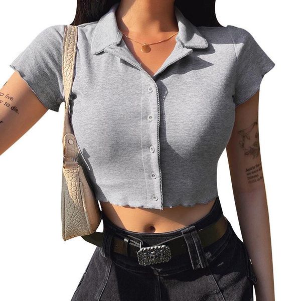 women's t-shirt 2021 summer gray lapel neck buttoned lace up crop women short sleeve casual streetwear, White
women's t-shirt 2021 summer gray lapel neck buttoned lace up crop women short sleeve casual streetwear, White