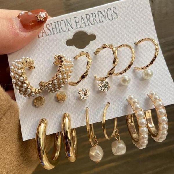 hoop & huggie 9-piece set of fashionable exaggerated temperament pearl earrings for women triangle c-shaped pendant metal ear rings, Golden;silver
hoop & huggie 9-piece set of fashionable exaggerated temperament pearl earrings for women triangle c-shaped pendant metal ear rings, Golden;silver