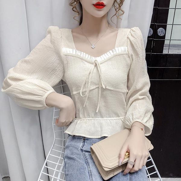 women's blouses & shirts spring 2021 style sweet square neck tie shirt women temperament short long sleeve puff french, White
women's blouses & shirts spring 2021 style sweet square neck tie shirt women temperament short long sleeve puff french, White