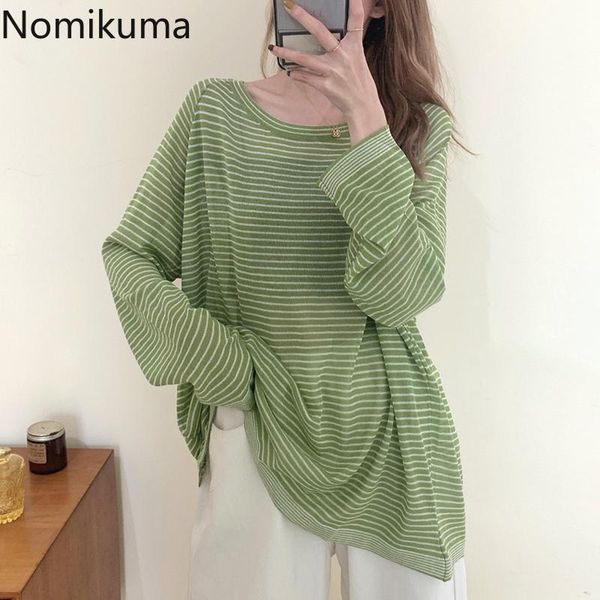 women's t-shirt nomikuma thin striped women loose korean style 2021 summer clothes see through long sleeve tshirts camisetas, White
women's t-shirt nomikuma thin striped women loose korean style 2021 summer clothes see through long sleeve tshirts camisetas, White