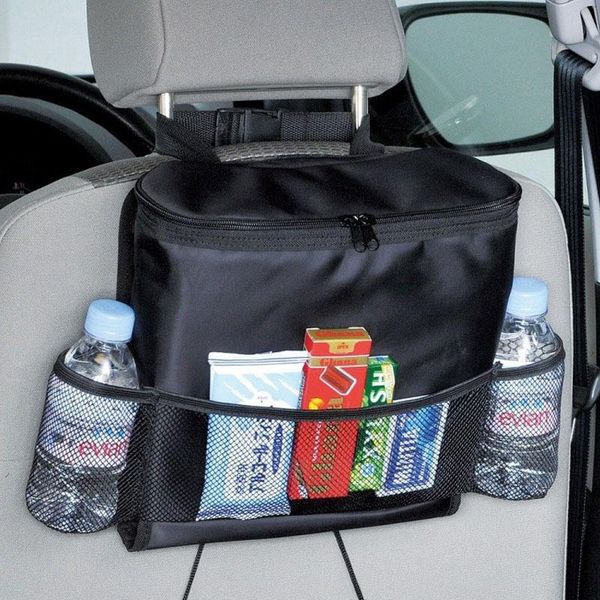 hanging baskets storage for the car back seat with insulated compartment containing a cool bag
hanging baskets storage for the car back seat with insulated compartment containing a cool bag